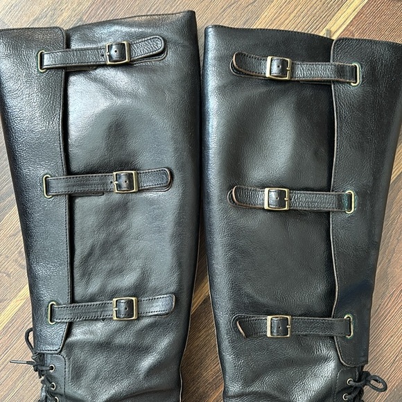 Cole Haan Black Leather‎ Zip, Buckle & Lace 17” Tall Knee-High Riding Boots Sz 9 - Picture 5 of 14